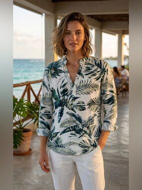 ZARA Tropical Leaf Print Long Sleeve Tunic Blouse | Size XL | botanical print
